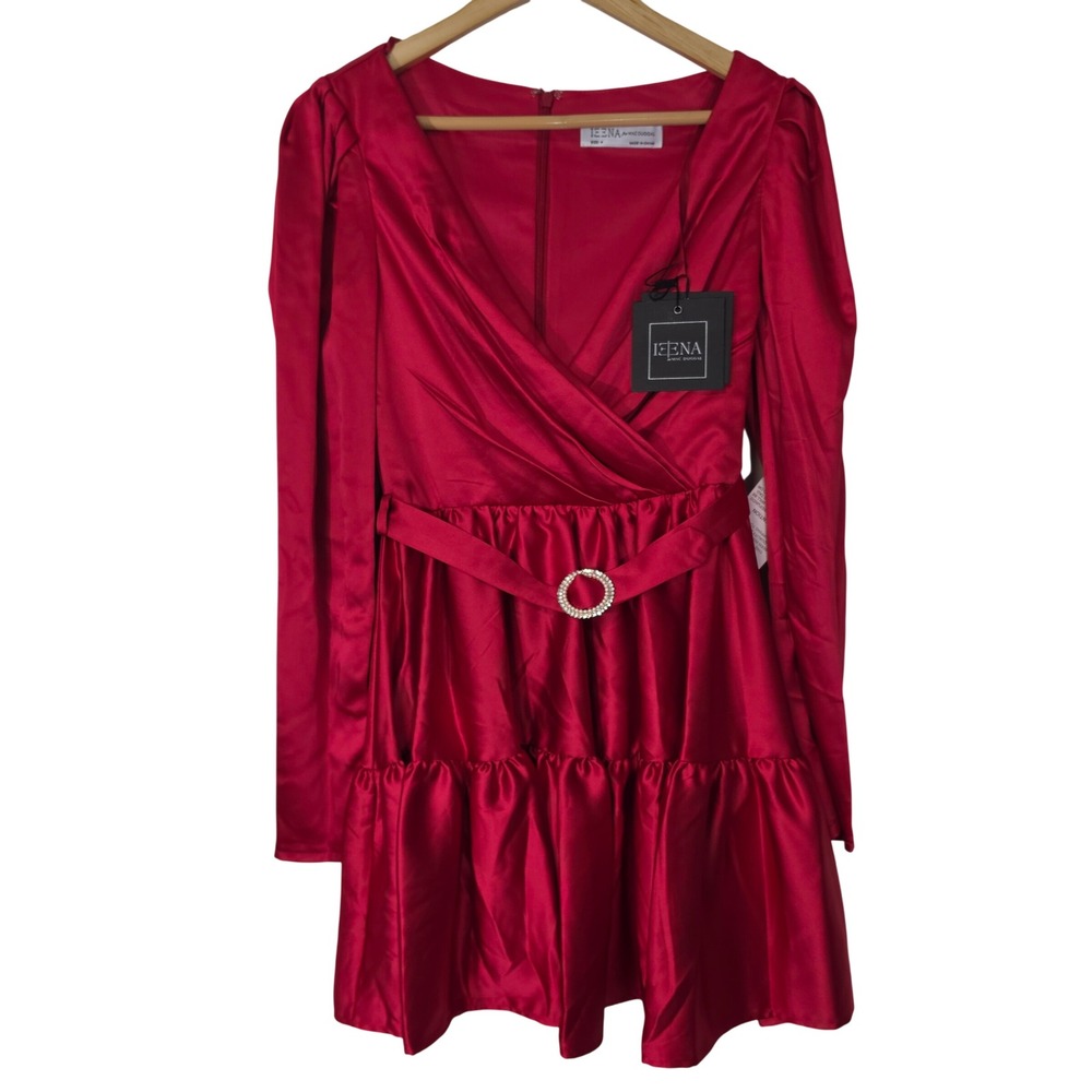IEENA for Mac Duggal Mini Dress Women 4 Red pink Satin Ruffle Pearl Belted 26657